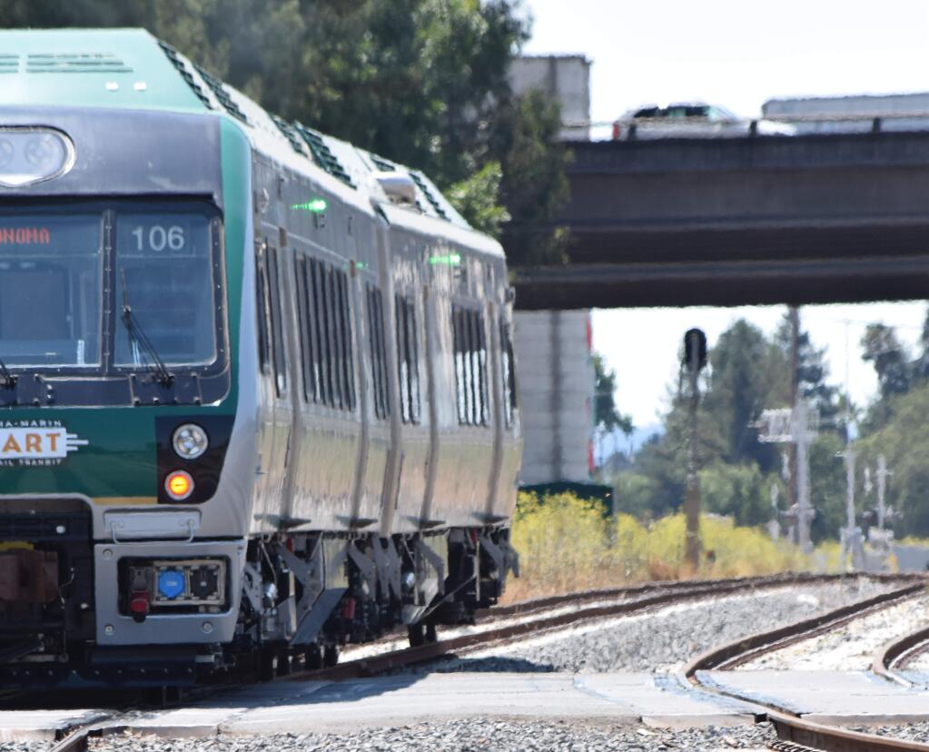 SMART trains have advanced communications technology for signaling and emergency stops. The district's board on Wednesday awarded the $36.3 million deal to build a 2.2-mile extension between Larkspur's ferry and San Rafael. (James Dunn / The Business Journal)
