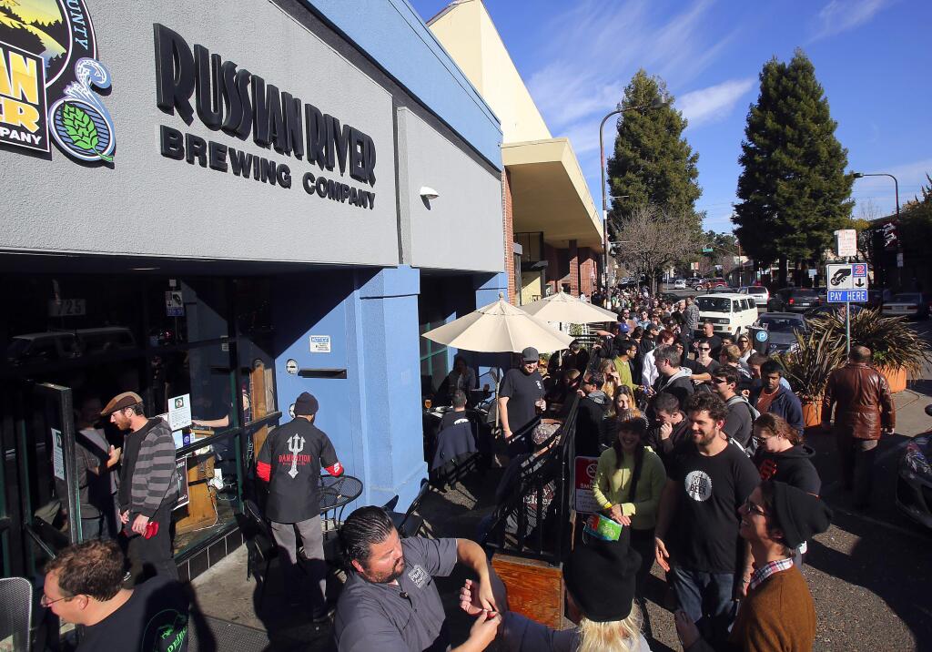 Each February, beer lovers line up for the release of a new batch of Pliny the Younger at the Russian River Brewing Co. on Fourth Street in Santa Rosa. (JOHN BURGESS/ PD FILE)