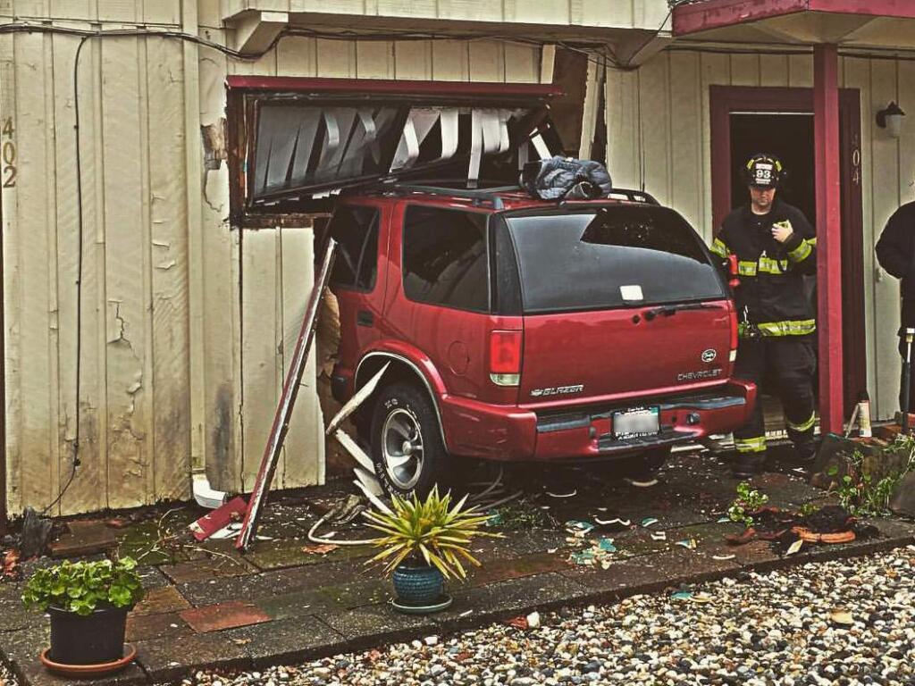 An SUV crashed into a Petaluma home, Friday, Dec. 23, 2016. (SUBMITTED PHOTO)