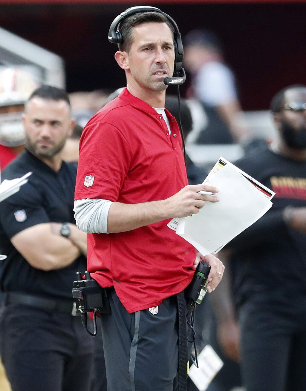 San Francisco 49ers head coach Kyle Shanahan watches from the sideline during the second half of an NFL football game against the Arizona Cardinals in Santa Clara, Calif., Sunday, Oct. 7, 2018. (AP Photo/Tony Avelar)