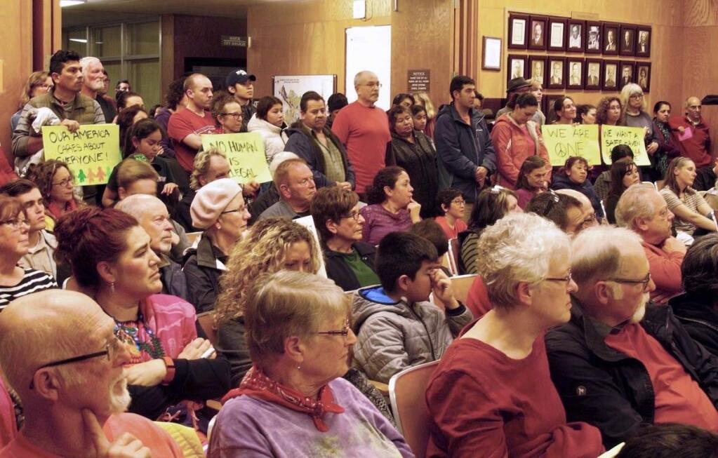 Activists attend the Feb. 6 Petaluma City Council meeting in support of a resolution calling on the city to not cooperate with federal immigration officials. COURTESY SAM TUTTLEMAN