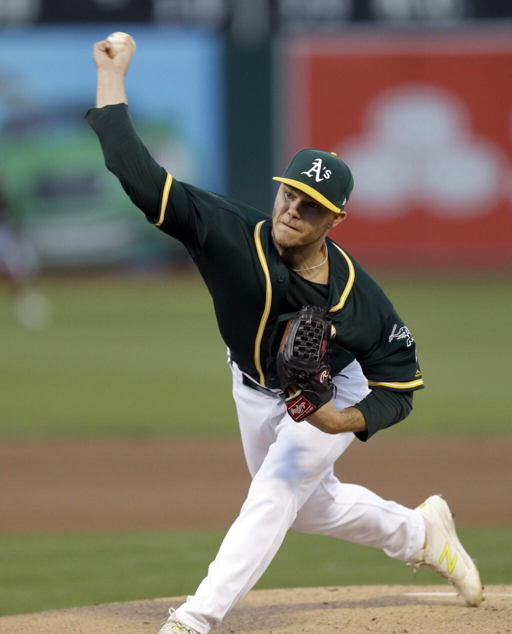 Oakland Athletics pitcher Sonny Gray works against the Cleveland Indians during the first inning Friday, July 14, 2017, in Oakland. (AP Photo/Ben Margot)
