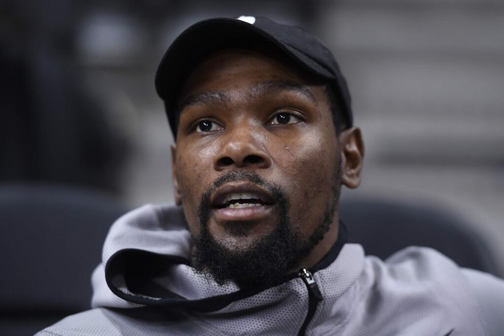 The Golden State Warriors' Kevin Durant speaks during a practice session at AT&T Center in San Antonio, Texas, on Saturday, April 21, 2018. (Jose Carlos Fajardo/Bay Area News Group/TNS)