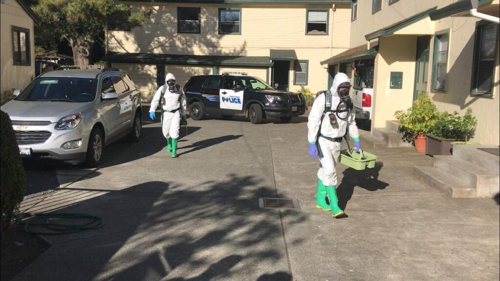 Santa Rosa Fire Department responded to a medical call at an apartment complex in Santa Rosa, but then found a suspicious package that caught fire in the stairwell on Wednesday, April 25, 2019. (SANTA ROSA FIRE DEPARTMENT)