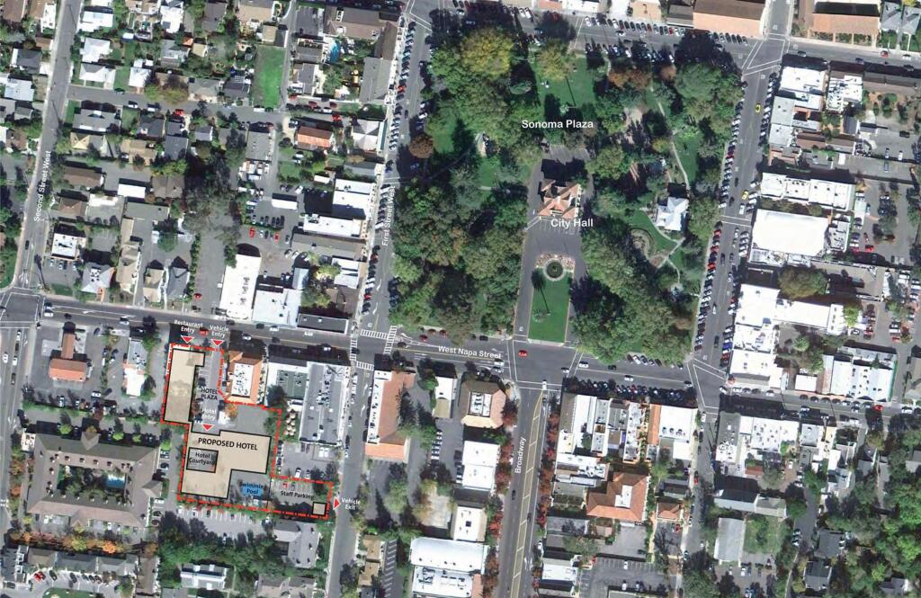 A satellite aerial of where a proposed hotel will be in Sonoma. The Planning Commission will weigh approval Thursday of the 62-room hotel, 80-seat restaurant and spa. (KENWOOD INVESTMENTS LLC)