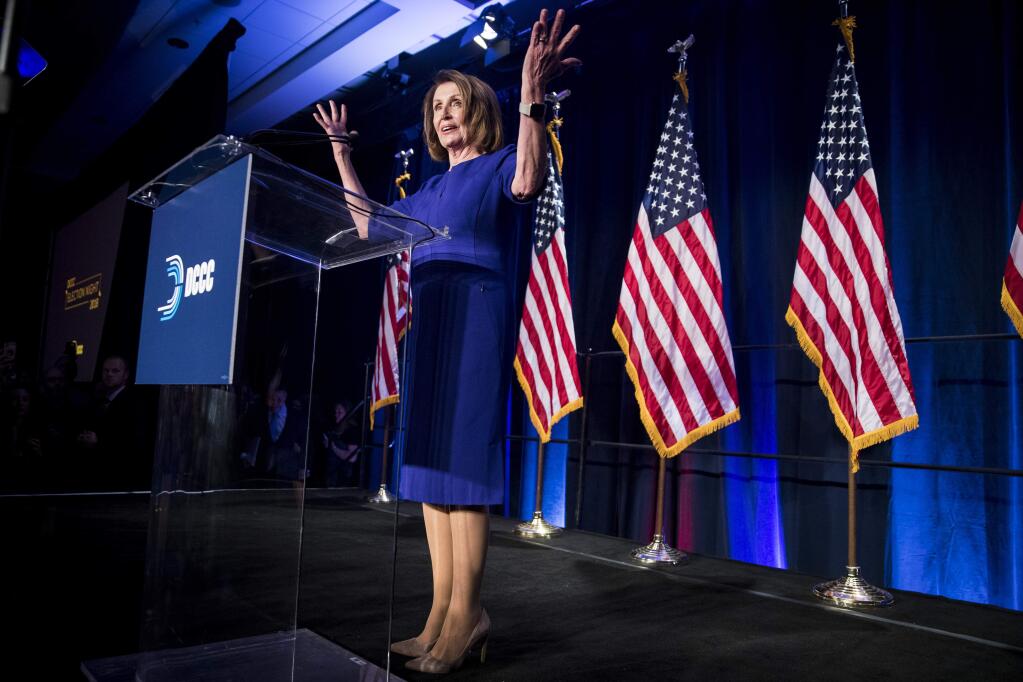 House Minority Leader Nancy Pelosi speaks at a Democratic Congressional Campaign Committee midterm election watch party in Washington. (SARAH SILBIGER / New York Times)