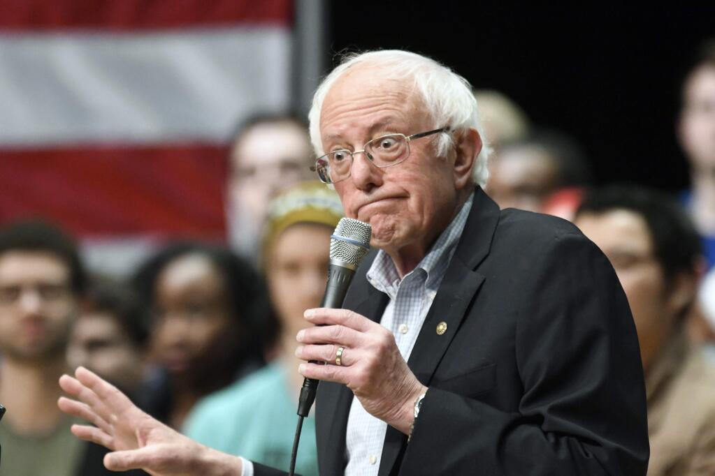 Democratic presidential candidate U.S. Sen. Bernie Sanders, I-Vt., gestures during a rally at Belk Theater at Blumenthal Performing Arts in Charlotte, N.C., Friday, Feb. 14, 2020. (David Foster III/The Charlotte Observer via AP)
