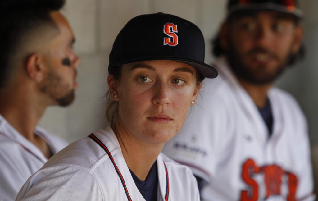 Sonoma Stompers pitcher Stacy Piagno waits for the start of Friday night's game where she and Kelsie Whitmore made history as the first women to play for a minor league team. (Bill Hoban/Index-Tribune)