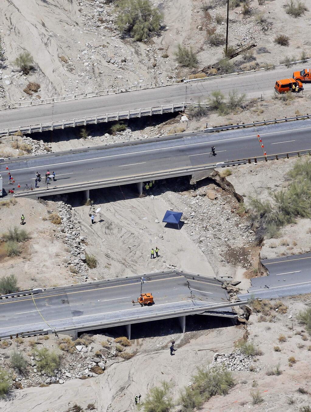 An aerial photo showing the section of Interstate 10 in Southern California that collapsed during a recent storm. (MATT YORK / Associated Press)
