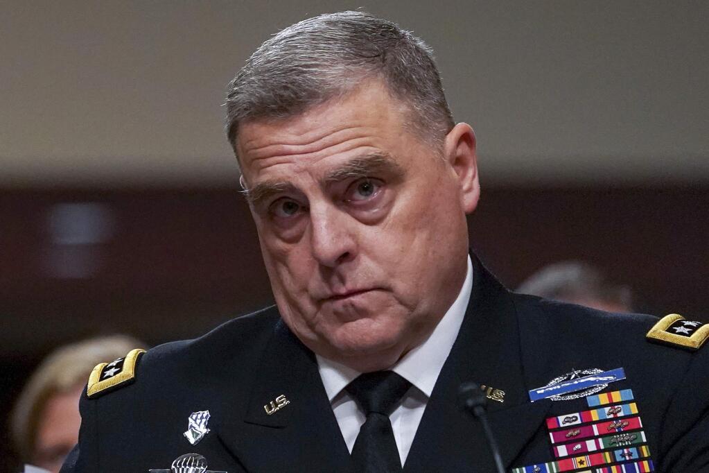 FILE - In this May 25, 2017 file photo, Army Chief of Staff Gen. Mark Milley listens to a question while testifying on Capitol Hill in Washington, before a Senate Armed Services Committee hearing on the Army's fiscal 2018 budget. President Donald Trump will tap Gen. Mark Milley as his next top military adviser, choosing a battle-hardened commander who has served as chief of the Army for the last three years, U.S. officials said Friday. (AP Photo/Andrew Harnik)