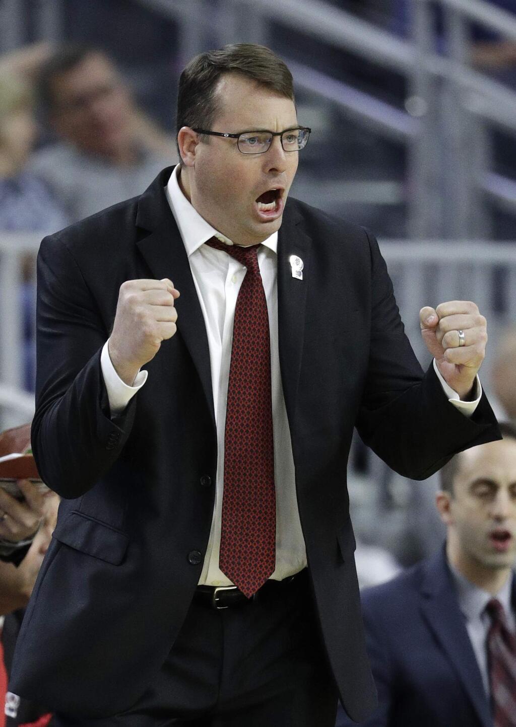 Stanford head coach Jerod Haase reacts after a play against Arizona State during the second half of an NCAA college basketball game in the first round of the Pac-12 men's tournament, Wednesday, March 8, 2017, in Las Vegas. Arizona State won 98-88. (AP Photo/John Locher)