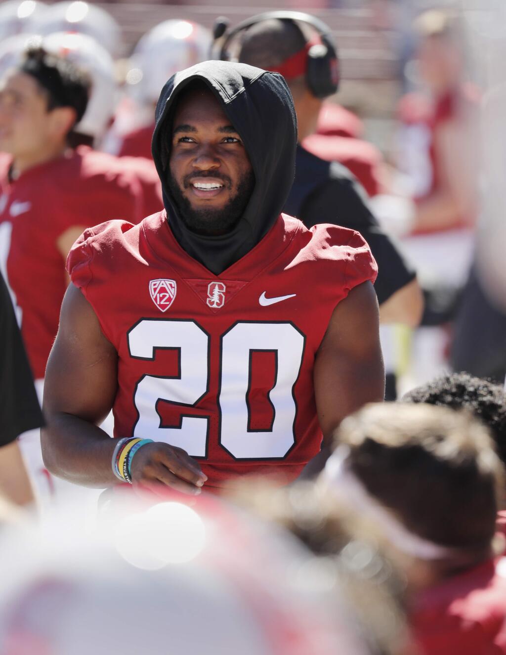 Stanford running back Bryce Love hangs out on the sideline with an injury in the first half in Stanford on Saturday, Sept. 15, 2018. (AP Photo/Jim Gensheimer)
