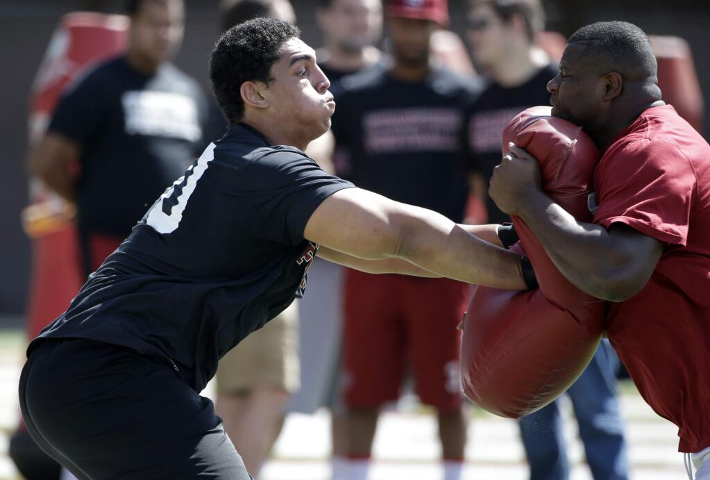 Offensive lineman Andrus Peat during Stanford NFL football pro day on Thursday, March 19, 2015, in Stanford, Calif. (AP Photo/Marcio Jose Sanchez)