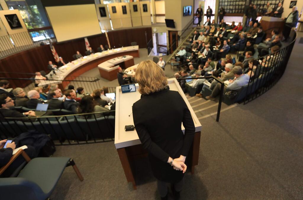 Sonoma County Supervisor Lynda Hopkins of the Fifth District makes a statement during a public comment at a senate subcommittee hearing titled 'California Burning: Utility Wildfire Prevention and Response,' Friday, Jan. 26, 2018 in Santa Rosa City Council chambers. (Kent Porter / Press Democrat) 2018