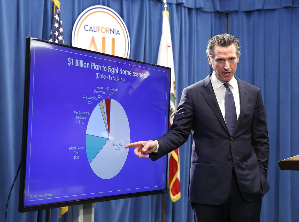 FILE - In this May 9, 2019, file photo, California Gov. Gavin Newsom gestures towards a chart with proposed funding to deal with the state's homelessness as he discusses his revised 2019-2020 state budget during a news conference in Sacramento, Calif. A report issued by the state's Legislative Analyst Office, Tuesday, Feb. 11, 2020, said Newsom's recently released 2020-2021 state budget 'falls short of articulating a clear strategy for curbing homelessness in California.' Newsom's proposal would put $750 million into a new fund that would flow to regional administrators selected by the state. (AP Photo/Rich Pedroncelli, File)