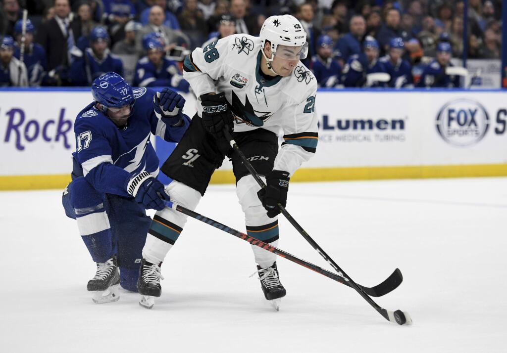 Tampa Bay Lightning left wing Alex Killorn (17) and San Jose Sharks right wing Timo Meier (28) fight for the puck during the first period of an NHL hockey game Saturday, Jan. 19, 2019, in Tampa, Fla. (AP Photo/Jason Behnken)