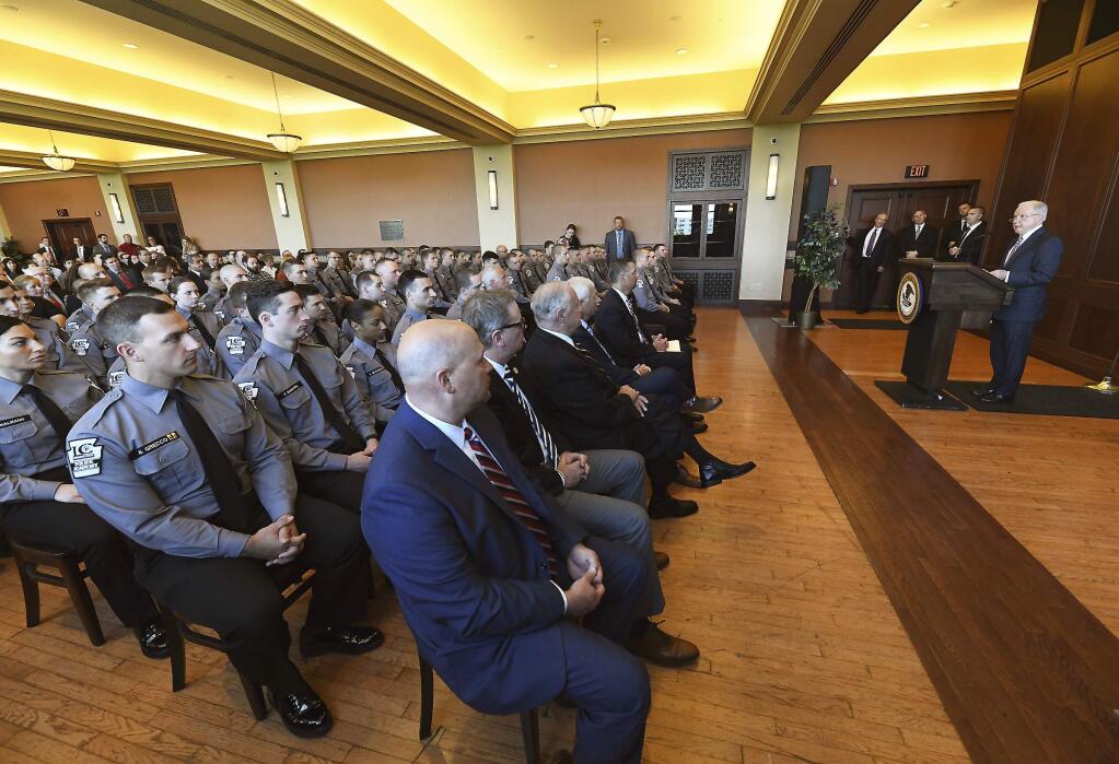 U.S. Attorney General Jeff Sessions speaks on immigration policy and law enforcement actions at Lackawanna College in downtown Scranton, Pa., on Friday, June 15, 2018. Included in the crowd were cadets with the Lackawanna College Police Academy who will be graduating Friday evening. (Butch Comegys/The Times-Tribune via AP)