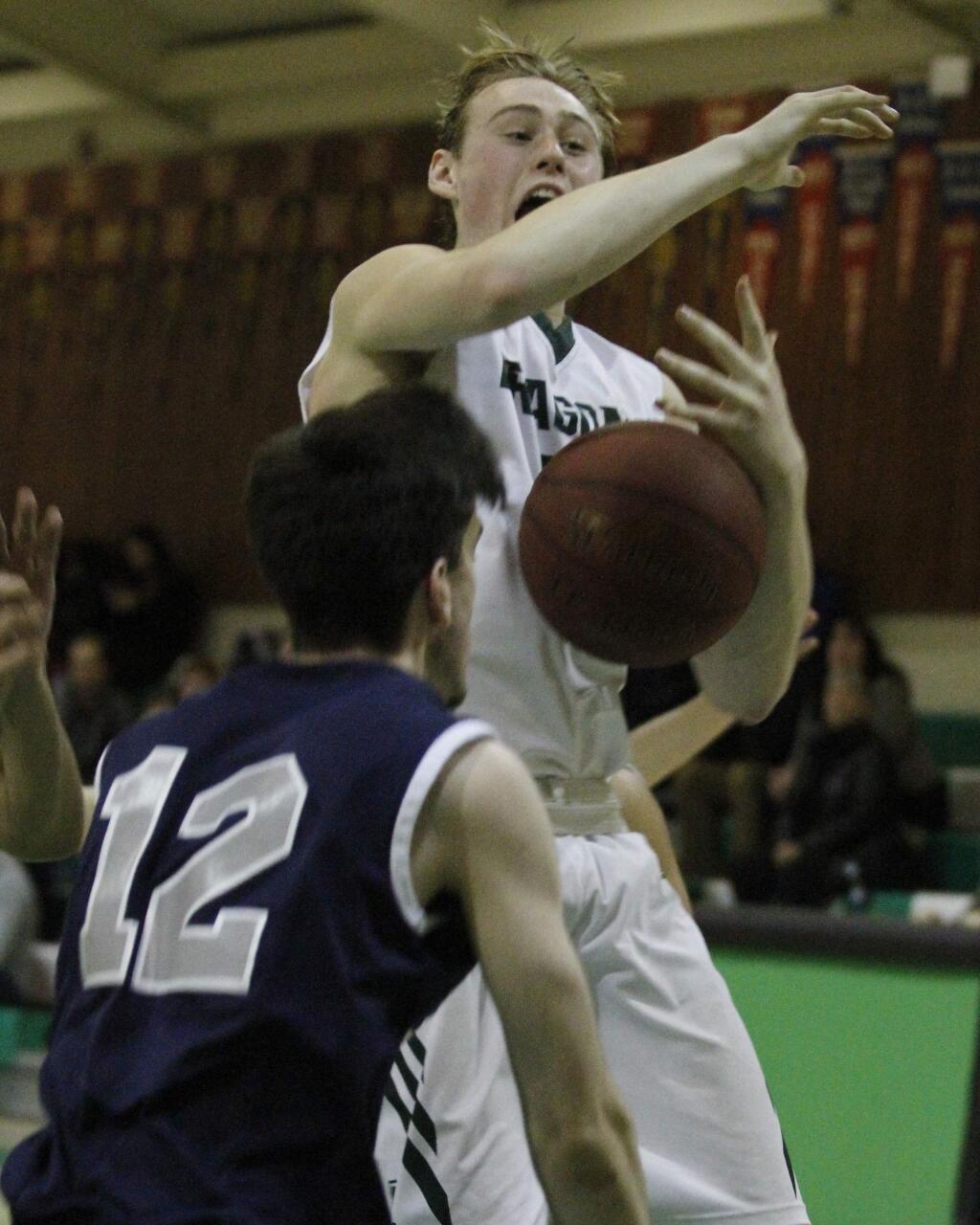 Bill Hoban/Index-TribuneSonoma's Luke Severson pulls down a rebound during a recent game. The Dragons were eliminated from the NCS tournament Tuesday, falling to San Marin, 59-27.
