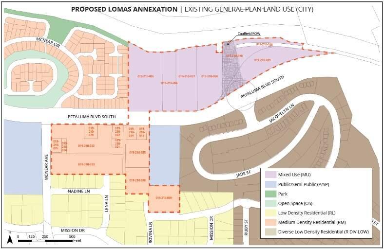 This map shows a proposed 17-acre annexation of land into Petaluma, along Petaluma Boulevard South.