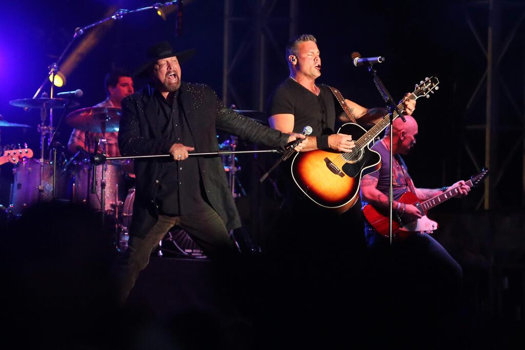 Eddie Montgomery, left, and Troy Gentry, right, of Montgomery Gentry performed at the Sonoma County Fairgrounds, Tuesday, August 4, 2015. (Crista Jeremiason / The Press Democrat)