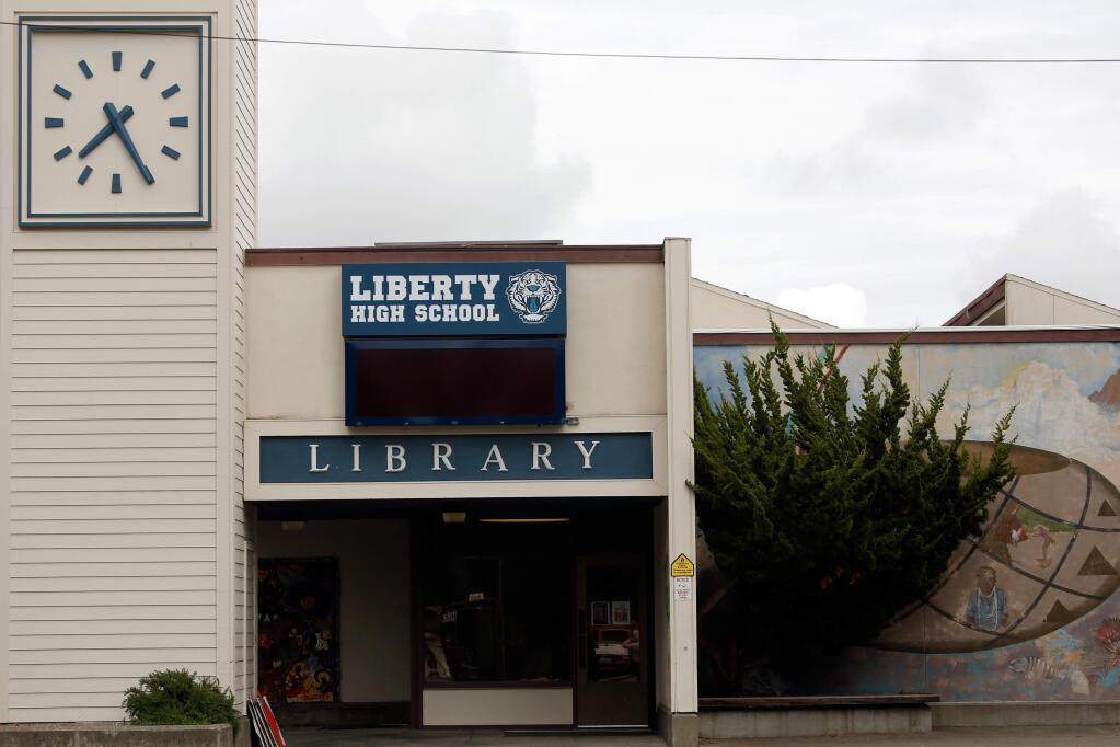 The Analy High School sign on the library was temporarily changed to Liberty High School for the filming of the Netflix series '13 Reasons Why' in Sebastopol, California on Friday, June 17, 2016. (Alvin Jornada / The Press Democrat)