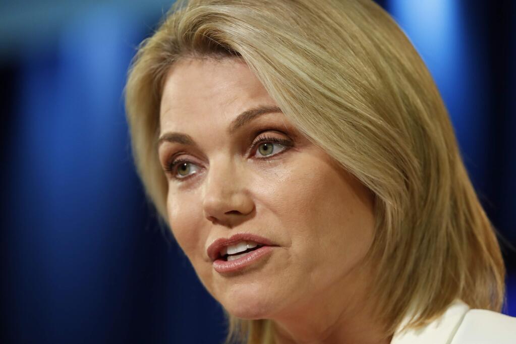 FILE - In this Aug. 9, 2017 file photo, State Department spokeswoman Heather Nauert speaks during a briefing at the State Department in Washington. The State Department says Nauert, picked by President Donald Trump to be the next U.S. ambassador to the United Nations but never officially nominated, has withdrawn her name from consideration on Saturday, Feb. 16, 2019. (AP Photo/Alex Brandon, File)