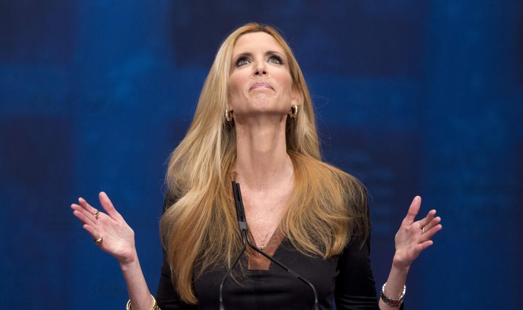 FILE - In this Feb. 10, 2012, file photo, Ann Coulter gestures while speaking at the Conservative Political Action Conference (CPAC) in Washington. (AP Photo/J. Scott Applewhite, File)