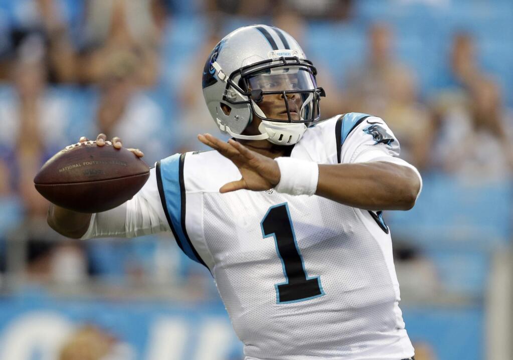 FILE - In a Friday, Aug. 26, 2016 file photo, Carolina Panthers' Cam Newton (1) looks to pass against the New England Patriots during the first half of a preseason NFL football game in Charlotte, N.C.. The last four teams to play for the NFC championship have the same goal: Super Bowl or bust. Reigning NFL MVP Cam Newton led the Panthers to a 17-1 record before Von Miller and the Broncos stifled them in the Super Bowl. (AP Photo/Bob Leverone)