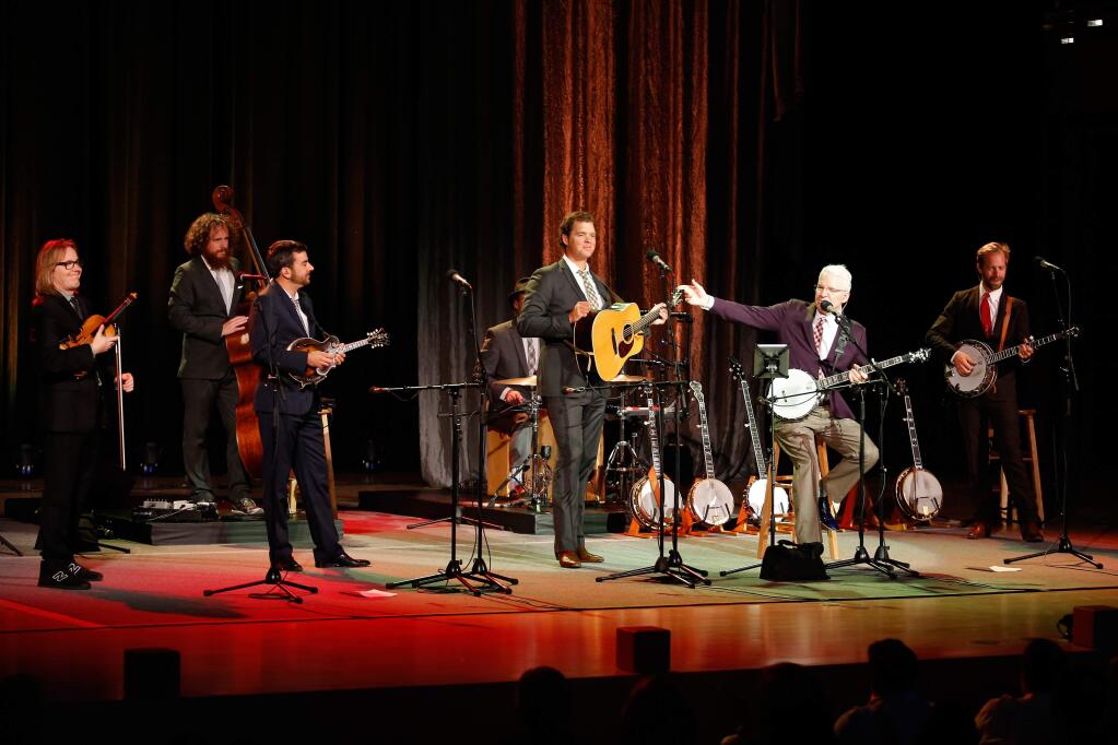 Steve Martin, second from right, performs with the Steep Canyon Rangers at Sonoma State University's Green Music Center in Rohnert Park, California, on Aug. 20, 2015. (ALVIN JORNADA/ PD)