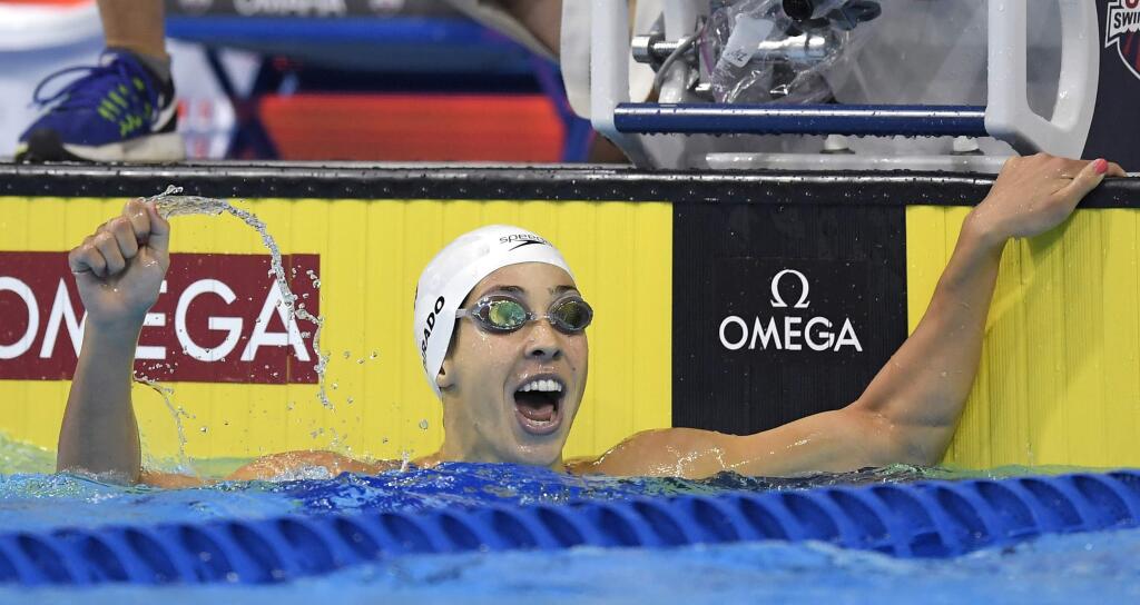 Maya DiRado reacts after winning the women's 200-meter backstroke final at the U.S. Olympic swimming trials, Saturday, July 2, 2016, in Omaha, Neb. (AP Photo/Mark J. Terrill)
