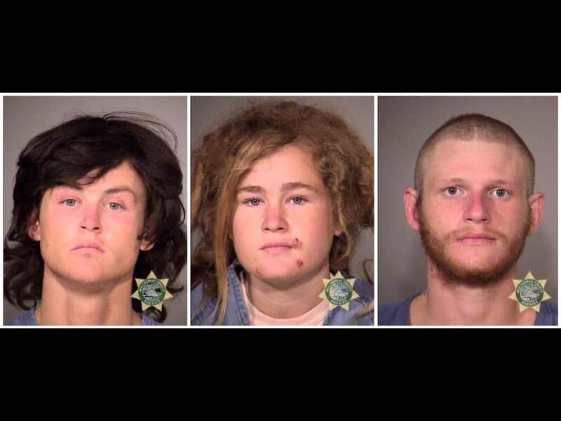 Multnomah County Sheriff's Office photos show the three suspects who were arrested Wednesday, Oct. 7, 2015, in Portland, Ore., in the killing of Steve Carter, a tantra yoga teacher, on a hiking trail in Marin County, Calif. From left are Sean Michael Angold, 24; Lila Scott Alligood, 19; and Morrison Haze Lampley, 23. A hiker found Carter's body on Monday. (Multnomah County Sheriff's Office/Portland police via AP)