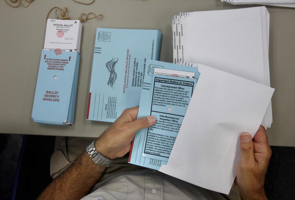 All California counties are authorized to switch from neighborhood polling stations to mail-only elections by 2020. (BETH SCHLANKER/ The Press Democrat)