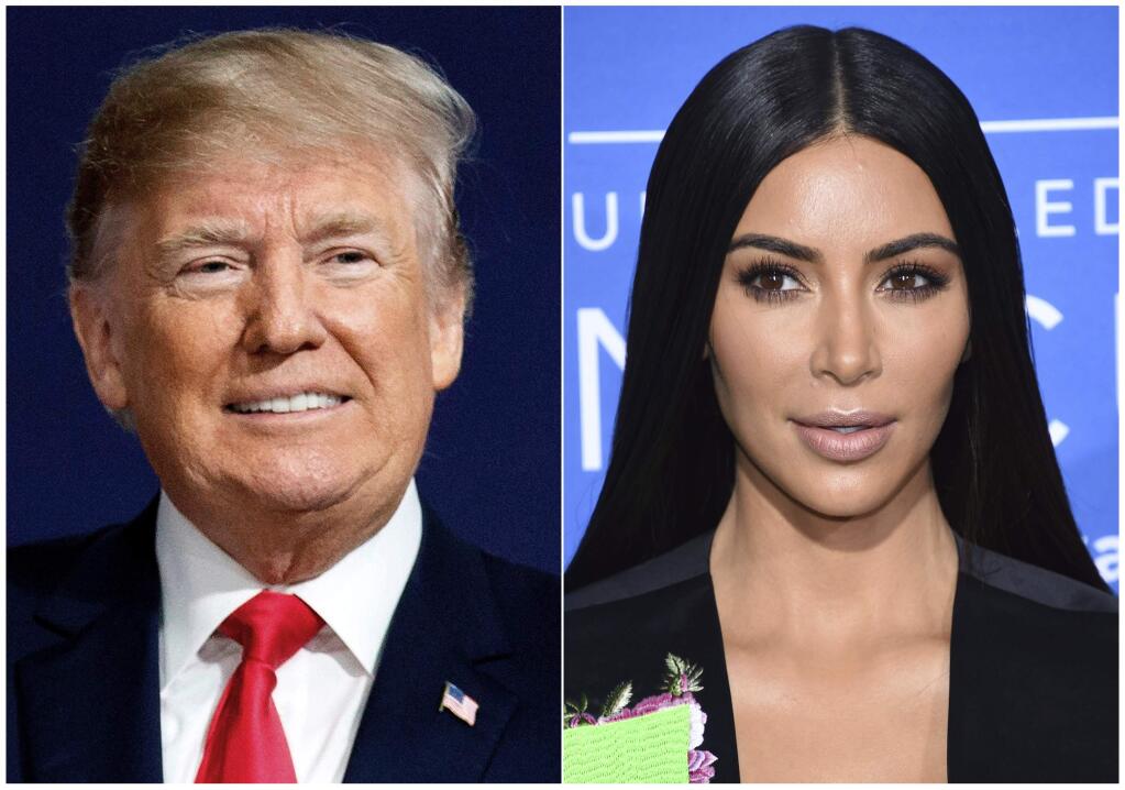 This combination photo shows President Donald Trump at a campaign rally in Moon Township, Pa., on March 10, 2018, left, and Kim Kardashian West at the NBCUniversal Network 2017 Upfront in New York on May 15, 2017. Trump commuted the sentence Wednesday, June 6, of a woman serving a life sentence for drug offenses whose cause was championed by reality TV personality Kim Kardashian West in a recent visit to the White House. (Photo by Evan Agostini/Invision/AP)