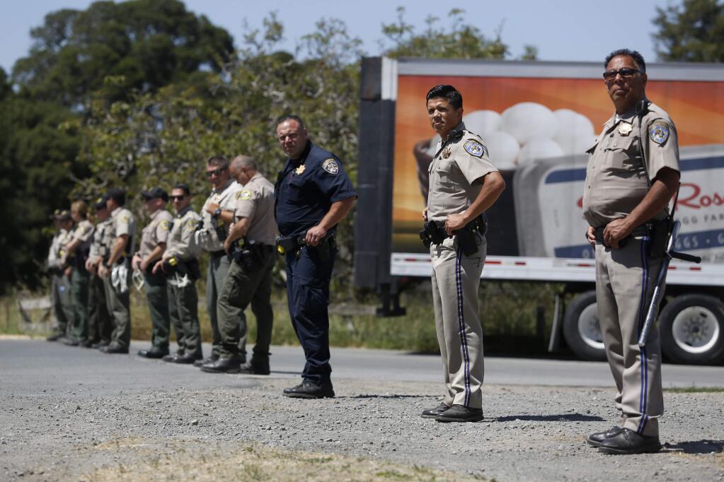 Deputies from the Sonoma County Sheriff's Office watch as a group organized by Direct Action Everywhere, an animal rights network, protest the conditions and welfare of the chickens at Sunrise Farms on Tuesday, May 29, 2018 in Petaluma, California . (BETH SCHLANKER/The Press Democrat)