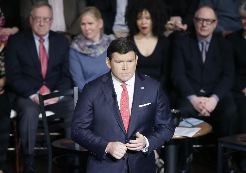 FILE - In this March 7, 2016 file photo, FOX News town hall host Bret Baier talks to the crowd before the town hall with Democratic presidential candidates, Sen. Bernie Sanders, I-Vt, and Hillary Clinton at the Gem Theatre, in Detroit. Baier and his family have survived a motor vehicle crash in Montana. In a statement released Tuesday, Jan. 22, 2019, the anchor and executive editor of Fox News Channel's “Special Report” says after a weekend of skiing, he was driving to the airport on icy roads with his wife and their two sons on Monday morning when they were “involved in a major car crash.” (AP Photo/Carlos Osorio, File)
