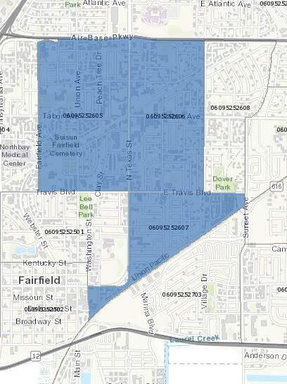 Census tracts designated by the state as opportunity zones in Fairfield, California, in 2018.