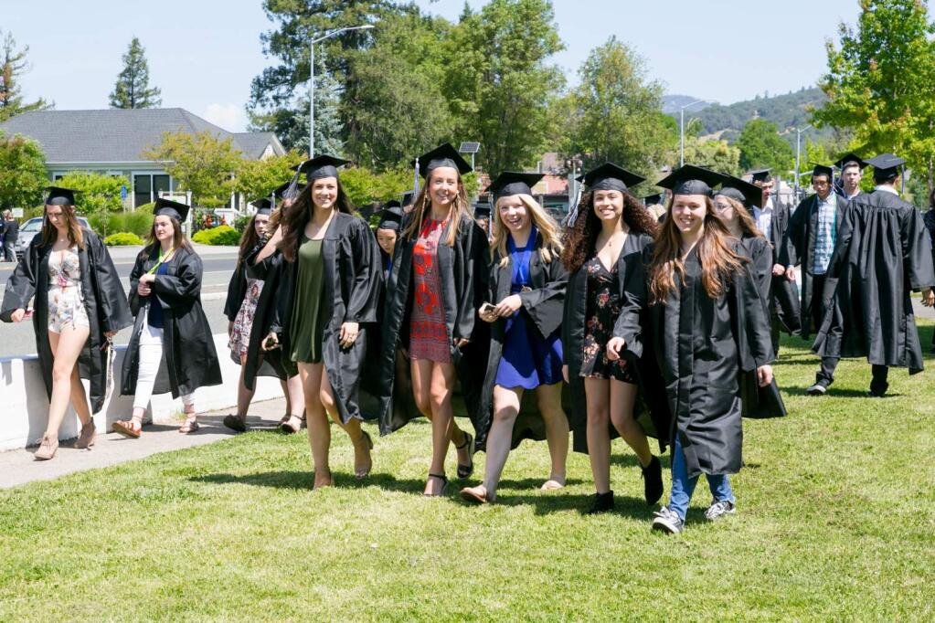 A group of Sonoma Valley High School seniors in their caps and gowns on May 18, 2018. (Photo by Julie Vader/special to the Index-Tribune)