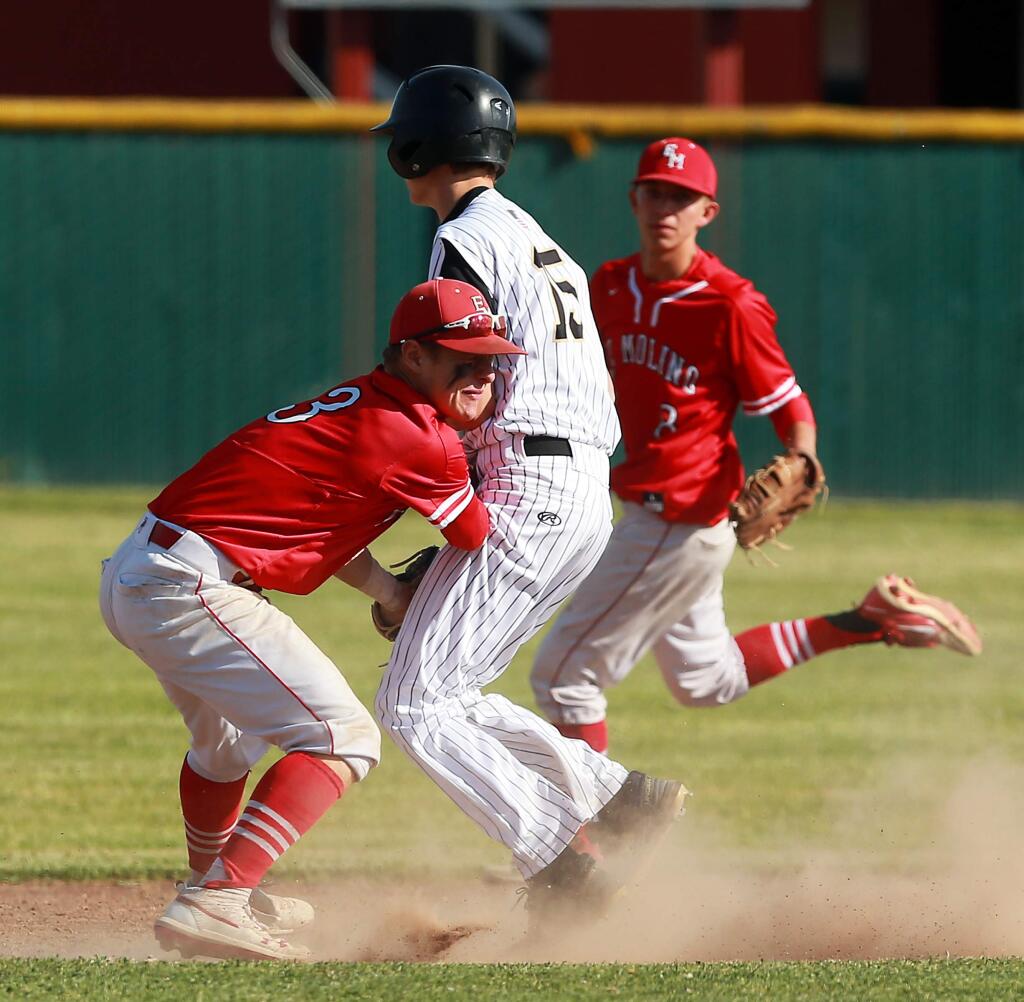 El Molino's Samuel Wilson-Mietz tags out Windsor's Tyler Hellums as he tries to steal second base in the 5th inning on Wednesday. (John Burgess/The Press Democrat)