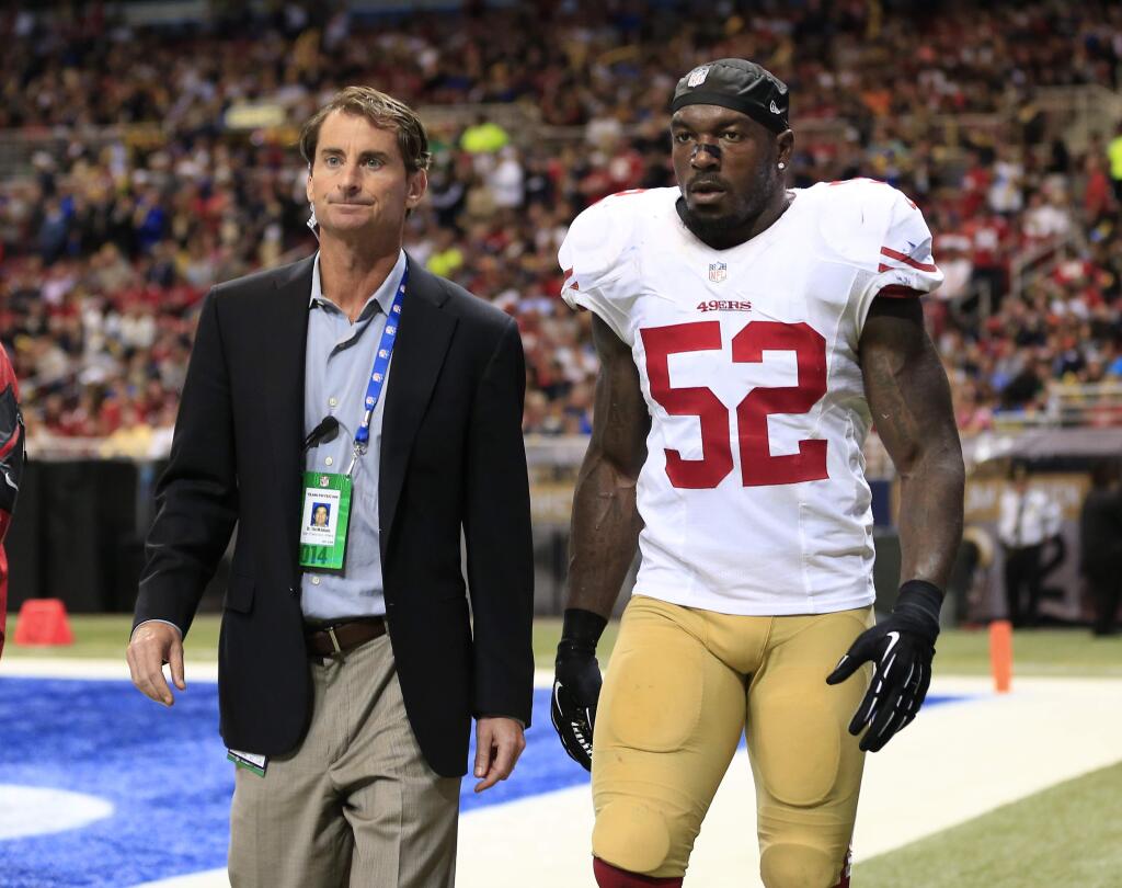 San Francisco 49ers inside linebacker Patrick Willis (52) leaves the field after being injured in the second quarter of a game against the St. Louis Rams Monday, Oct. 13, 2014, in St Louis. (AP Photo/Billy Hurst)