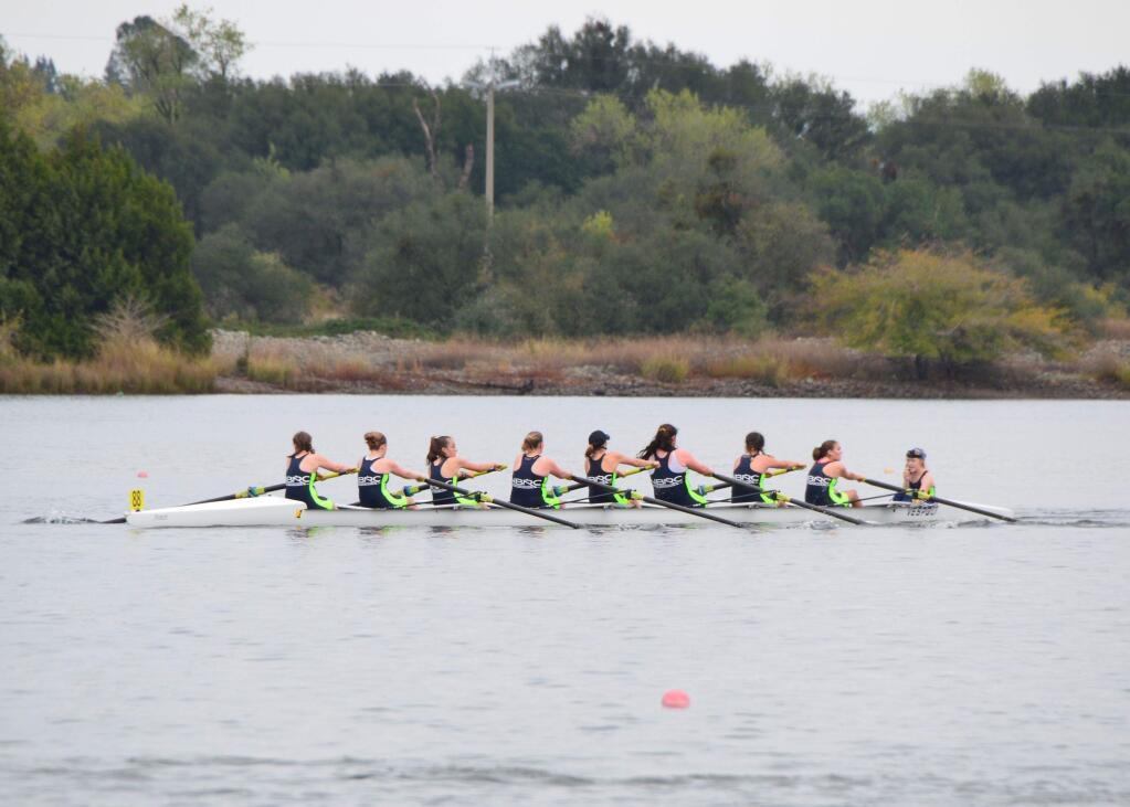AMY RAY PHOTOThe North Bay Rowintg Club's Women's 8+ team in the Head of the American Regatta at Lake Natoma in Rancho Cordova, the largest regatta on the West Coast.
