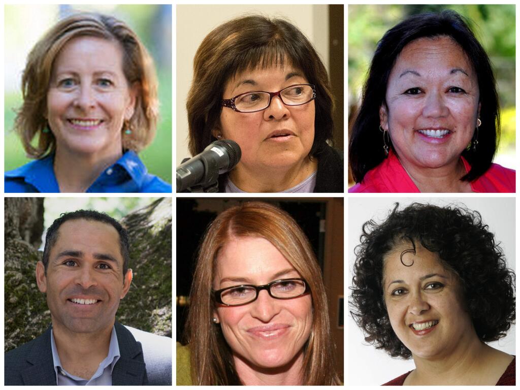 Six candidates are running for four seats on the Santa Rosa City Schools board in the November 2016 election. Clockwise, from upper left: Evelyn Anderson, Caroline Banuelos, Laurie Fong, Laura Gonzalez, Jennie Klose and Ed Sheffield. ( PRESS DEMOCRAT )