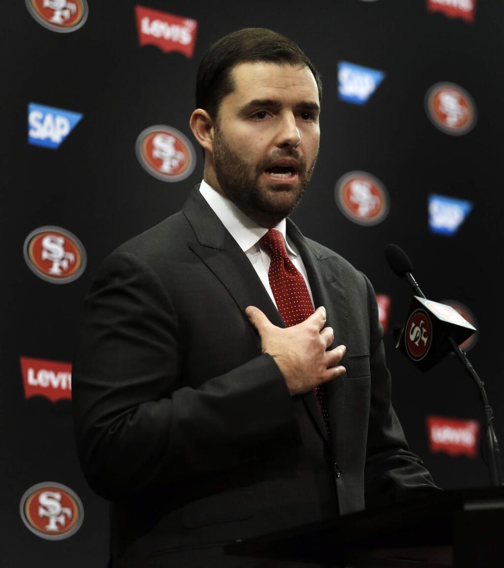 San Francisco 49ers Chief Executive Officer Jed York gestures while speaking to reporters during a media conference Monday, Jan. 4, 2016, in Santa Clara. (AP Photo/Ben Margot)