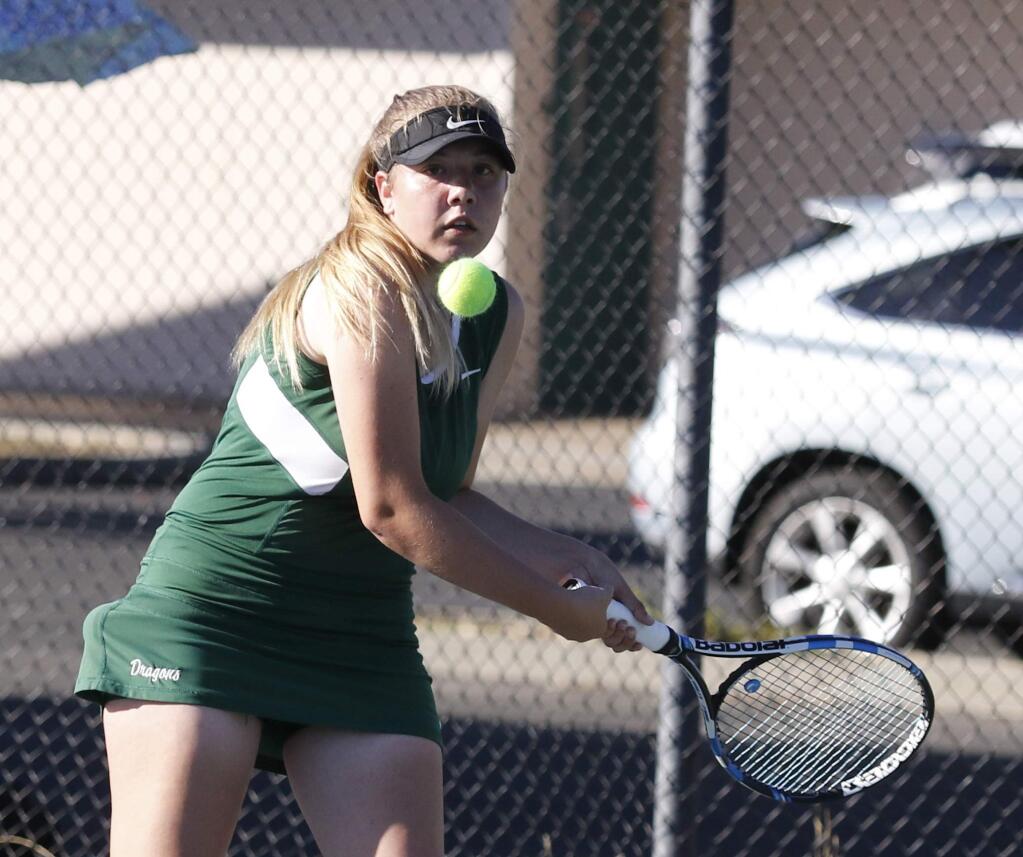 Bill Hoban/Special to the Index-Tribune. Sonoma's Olivia Weisiger returns a backhand during a recent match. The Lady Dragons close out league play next Thursday at Petaluma. The VVAL tournament is set for Oct. 29 and 30 at Vintage High School in Napa.
