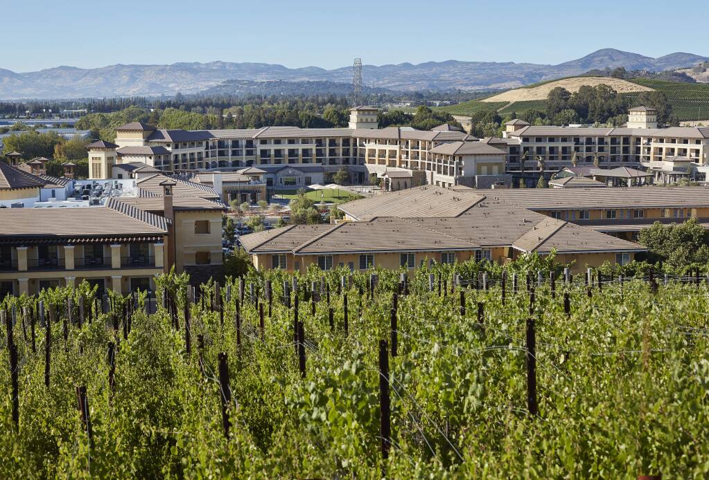 The Grand Reserve at The Meritage (formerly known as Vista Collina Resort) in south Napa is seen from the vineyards overlooking The Meritage Resort & Spa, shown in the foreground. (Stephen Whalen Photography)