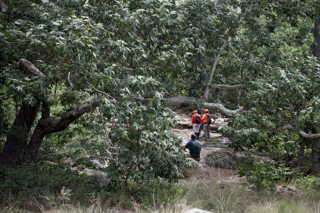 Tonto Search and Rescue volunteers search for missing swimmers near the Water Wheel Campground on Sunday morning, July 16, 2017, in the Tonto National Forest, Ariz., following Saturday's deadly flash-flooding at a normally tranquil swimming area in the national forest. The flooding came after a severe thunderstorm pounded down on a nearby remote area that had been burned by a recent wildfire, Water Wheel Fire and Medical District Fire Chief Ron Sattelmaier said. (Alexis Bechman/Payson Roundup via AP)