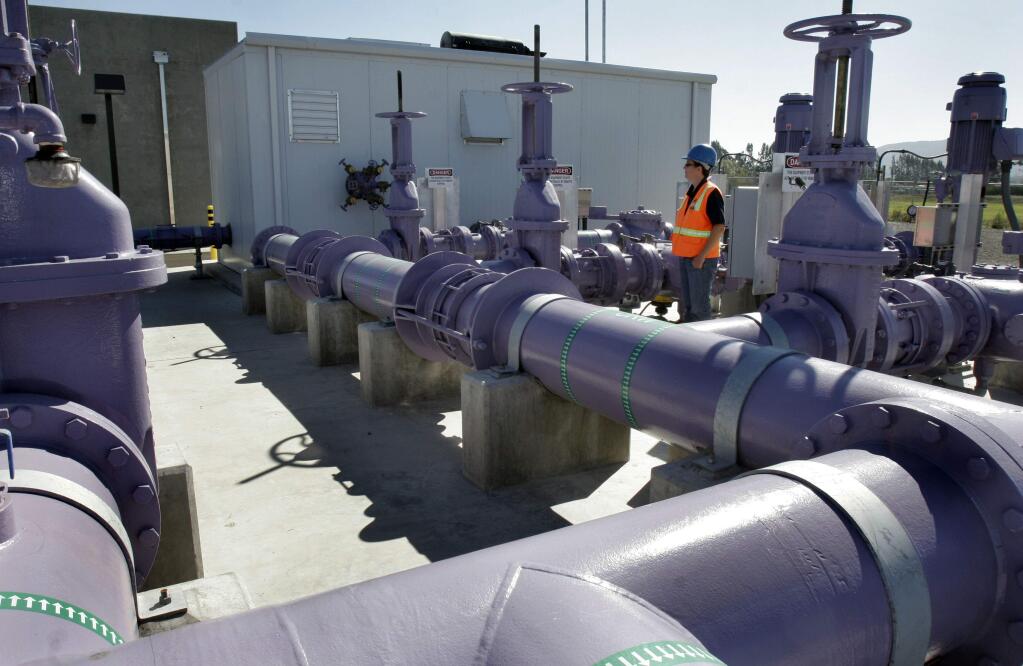 Margaret P. Orr, the engineering manager of the Ellis Creek Water Recycling Facility in Petaluma stands among the distribution system for the recycled water that is used at the plant. (FILE PHOTO)