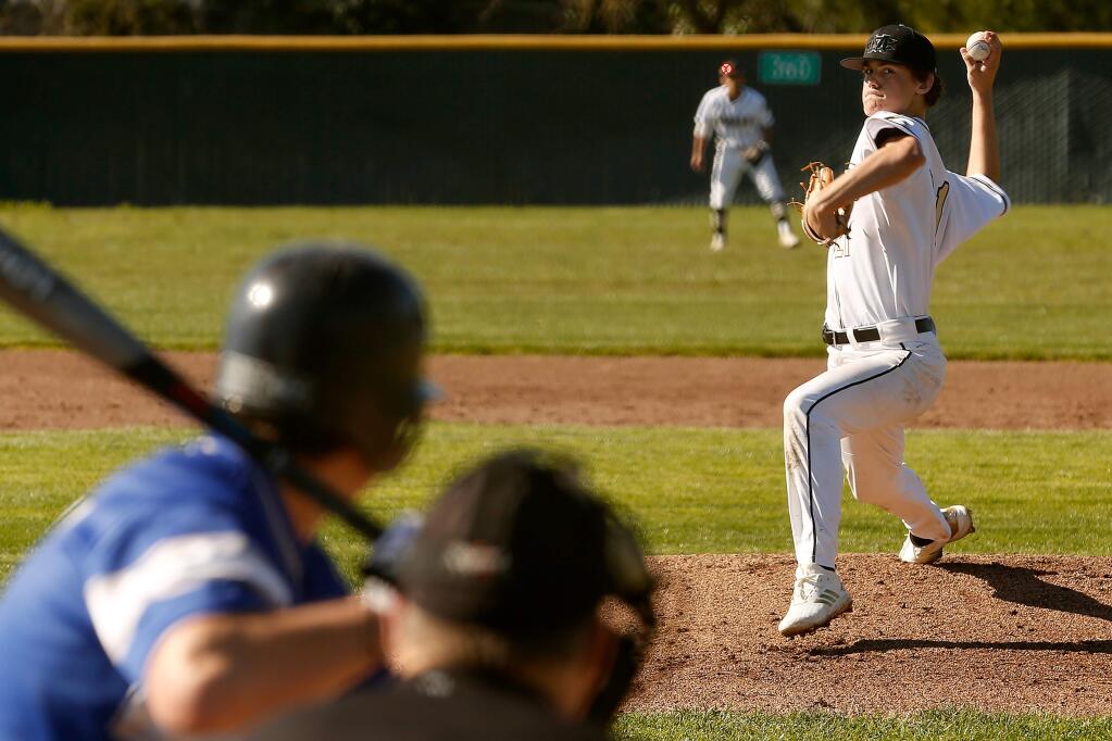 Maria Carrillo's Garrett Edy (21) pitches during during the first inning of a varsity baseball game between Analy and Maria Carrillo high schools in Santa Rosa, California, on Friday, March 15, 2019. (Alvin Jornada / The Press Democrat)
