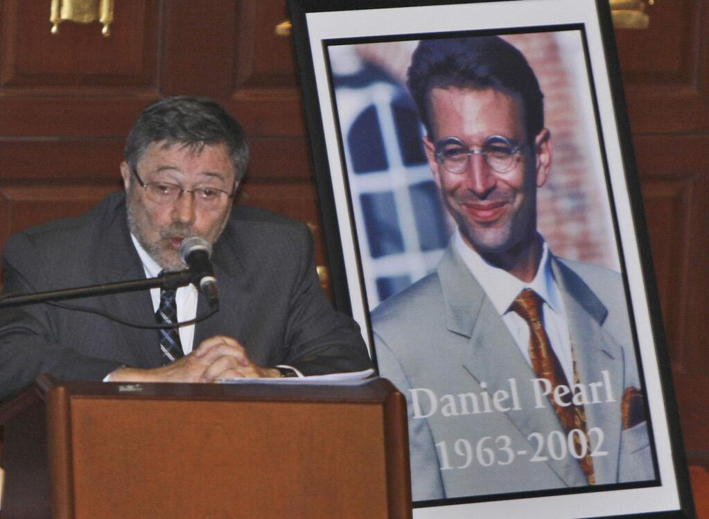 FILE - In this April 15, 2007, file photo, Dr. Judea Pearl, father of American journalist Daniel Pearl, who was killed by terrorists in 2002, speaks in Miami Beach, Fla. A Pakistani court on Thursday, April 2, 2020, overturned the murder conviction of a British Pakistani man found guilty of the kidnapping and murder of Wall Street journalist Daniel Pearl. (AP Photo/Wilfredo Lee, File)