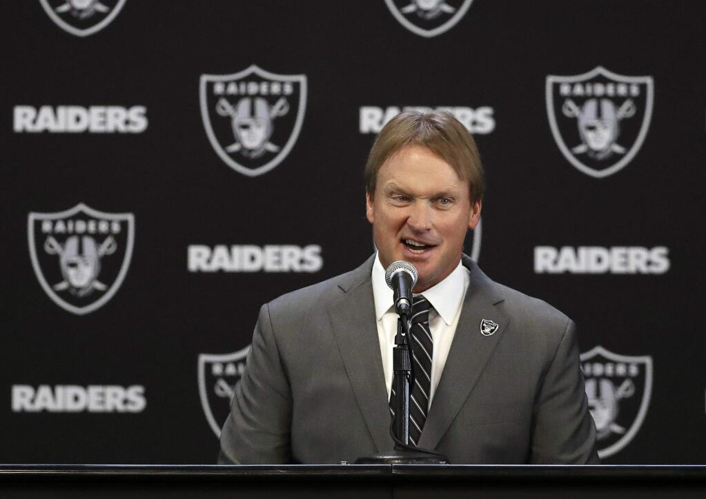 Oakland Raiders head coach Jon Gruden answers questions during a news conference in Alameda, Tuesday, Jan. 9, 2018. (AP Photo/Marcio Jose Sanchez)