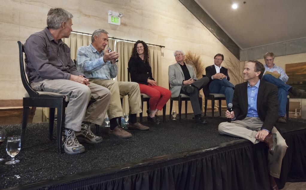 The Sonoma Ecology Center celebrated its 25th anniversary with a reception and panel discussion titled 'Building a Sustainable Sonoma' on Earth Day, April 22, at Ramekins. The panel, from left, were Mike Benziger, Walter McGuire, Caitlin Corwall, Pete Parkinson, Grant Davis and Glen Martin. Seated on the stage is Richard Dale, executive director of the Sonoma Ecology Center.(Photos by Robbi Pengelly/Index-Tribune)